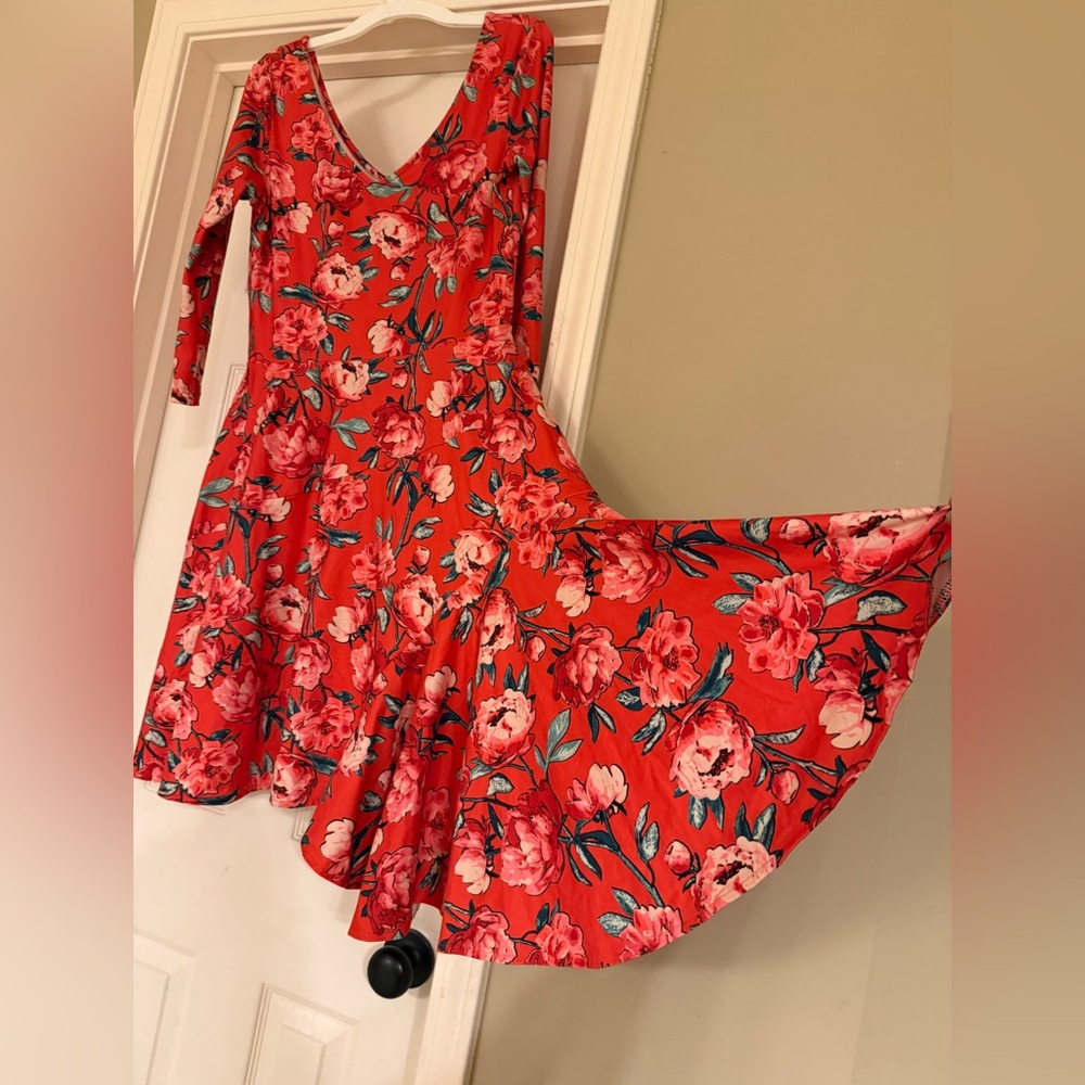 Joyfolie Red/Orange Floral Asymmetrical Dress with Green Accents